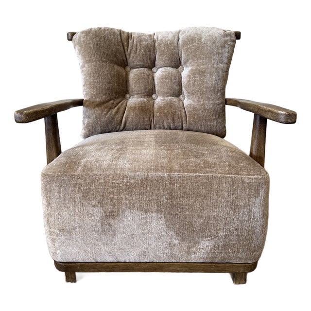 Leona Velvet Lounge Chair With Tufted Back, Curved Wood Arms For Sale