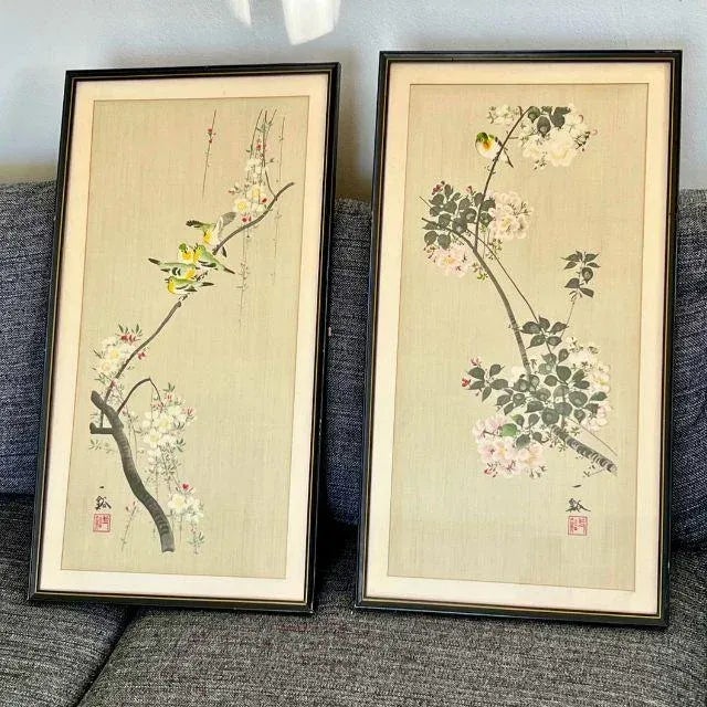 A coordinated set of simply stunning mid-century, artist-signed Japanese watercolors on silk. Both watercolors highlight...