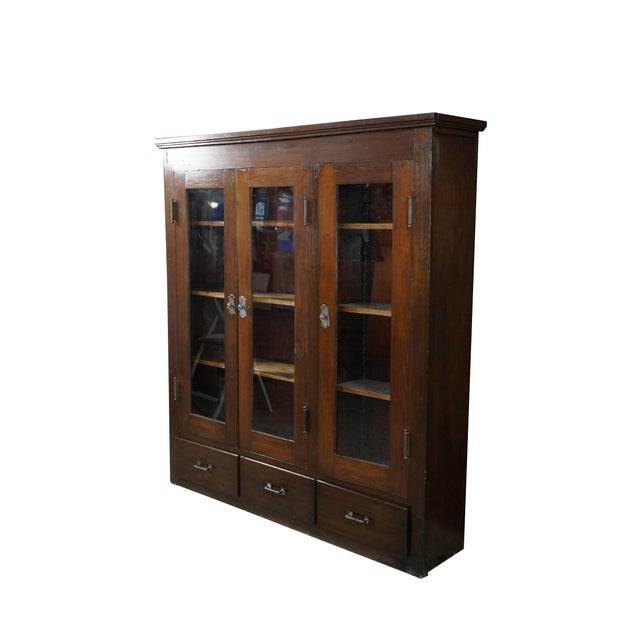 Victorian Antique Mission Oak Arts & Crafts Triple Bookcase Curio Display Cabinet 61" For Sale - Image 3 of 15