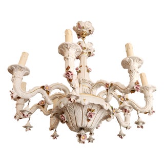 Large Hand-Painted Gilded Floral Ceramic 8-Light Chandelier from Mangani D'Arte, Florence, Italy, 1950s For Sale