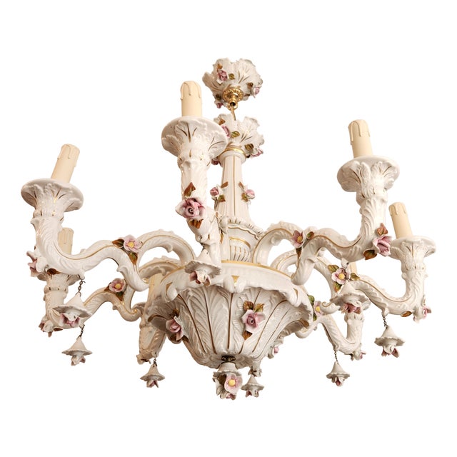 Large Hand-Painted Gilded Floral Ceramic 8-Light Chandelier from Mangani D'Arte, Florence, Italy, 1950s For Sale