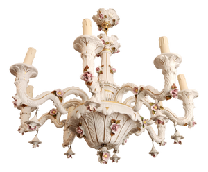 Large Hand-Painted Gilded Floral Ceramic 8-Light Chandelier from Mangani D'Arte, Florence, Italy, 1950s