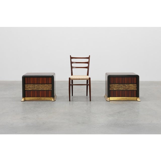 Mid-Century Modern Nightstands in Wood with Brass Relief, Italy 1970s, Set of 2 For Sale - Image 3 of 15