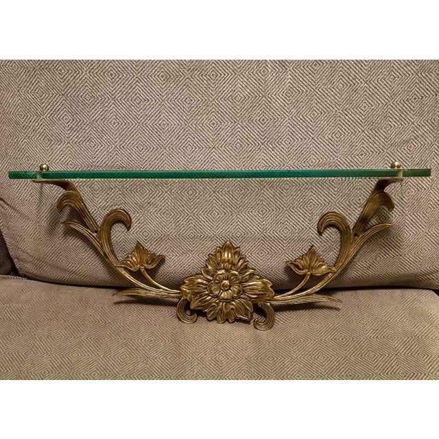 1970s 1970s Ornate Brass and Glass Wall Shelves, Made in Taiwan, a Pair For Sale - Image 5 of 12