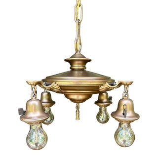 1920’s Arts and Crafts 4 Light Bronze Chandelier For Sale