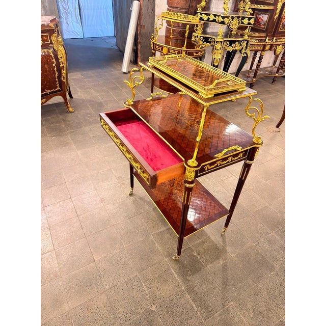 Red Vintage Marquetry Louis XVI Rolling Serving Cart & Tray For Sale - Image 8 of 10