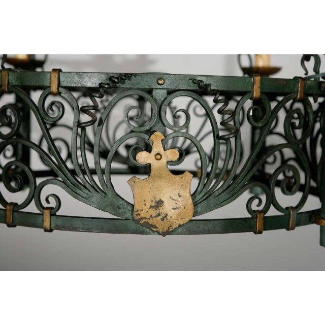 Early 20th Century Filigreed Green With Gold French Iron Chandelier For Sale - Image 5 of 11