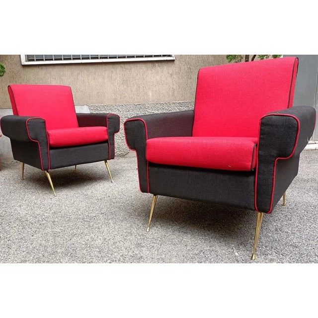 1950s Set of Armchairs in Red and Black with Brass Legs, 1950s For Sale - Image 5 of 9