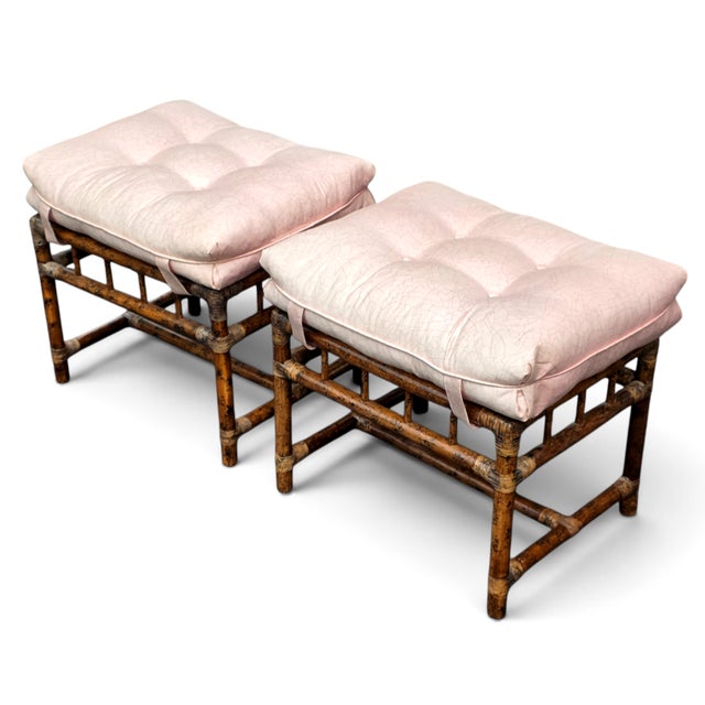 Mid-Century Modern Pair of Mid-Century Hollywood Regency Faux Bamboo Benches With Tufted Cushions For Sale - Image 3 of 10