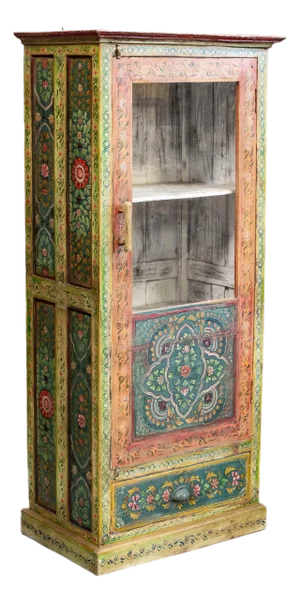 Tall Indian Folk Art Painted Glass Front Cabinet