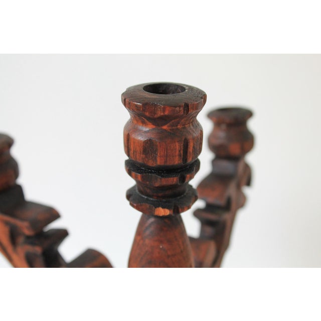 Rustic Spanish Revival Style Carved Wood Five Arm Candelabra For Sale - Image 9 of 12