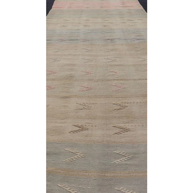Tribal Mid 20th Century Vintage Kilim Runner With Stripes and Geometric Tribal Motifs in Light Tones For Sale - Image 3 of 12