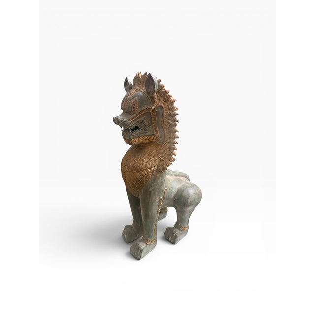 Vintage Thai Bronze Singha Guardian Lion Sculpture With Gilt Accents & Verdigris Patina, 16”h For Sale In Boston - Image 6 of 14