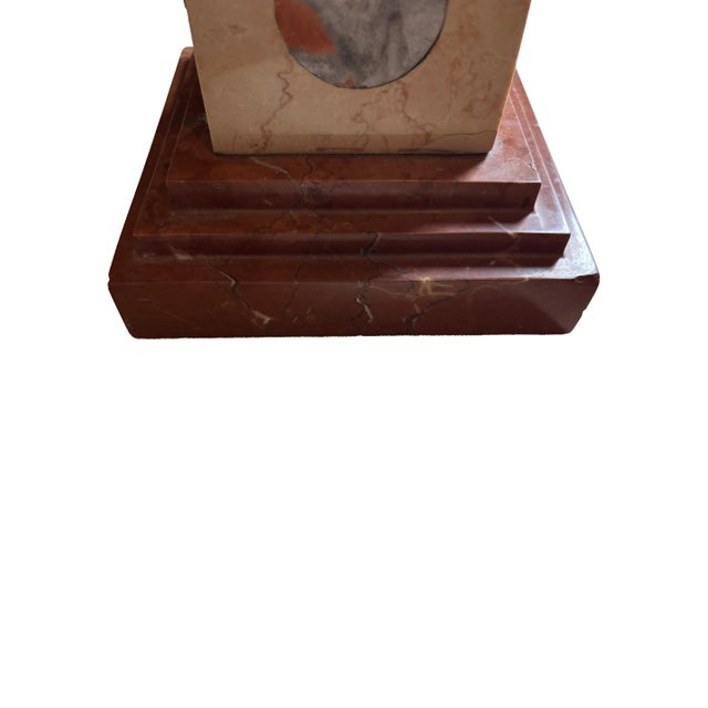 Vintage Grand Tour style marble obelisk. Features a carved white marble tower mounted on a specimen plinth with a multi-...