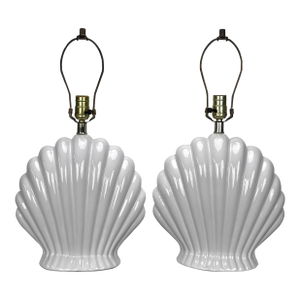 Vintage Coastal Ceramic Clam Shell Scalloped Table Lamps - A Pair