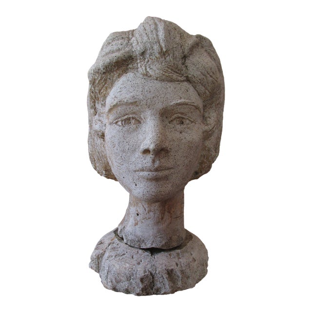 Vintage Mid Century Life Sized Concrete Bust of a Young Woman For Sale