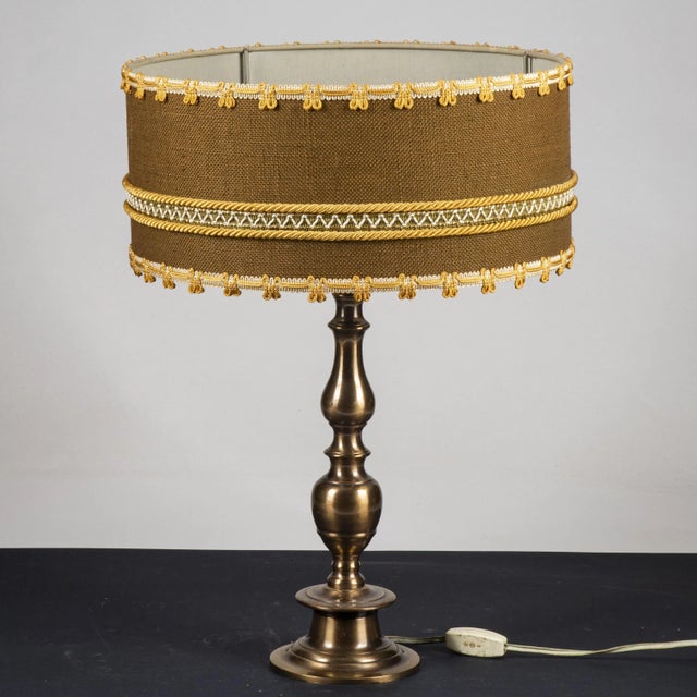 Brass & Metal Table Lamp with Circular and Low Fabric Shade For Sale - Image 4 of 6