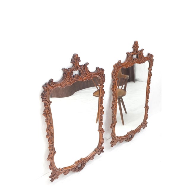 Brown Pair of Chinese Chippendale Style Carved Mahogany Wall Mirrors MINT! For Sale - Image 8 of 10