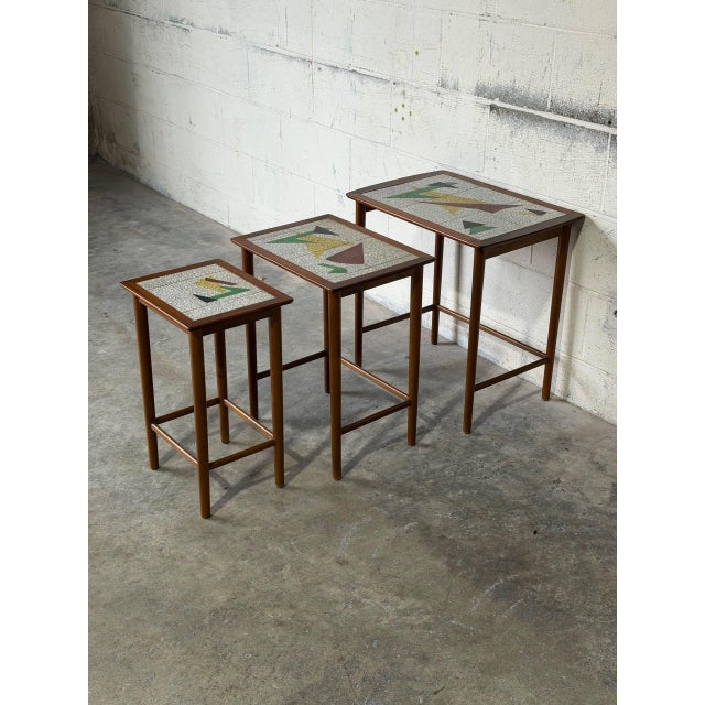 Wood Teak Abstract Mosaic Tile Top Nesting Tables Set of 3 Mid-Century Modern 1960s For Sale - Image 7 of 10