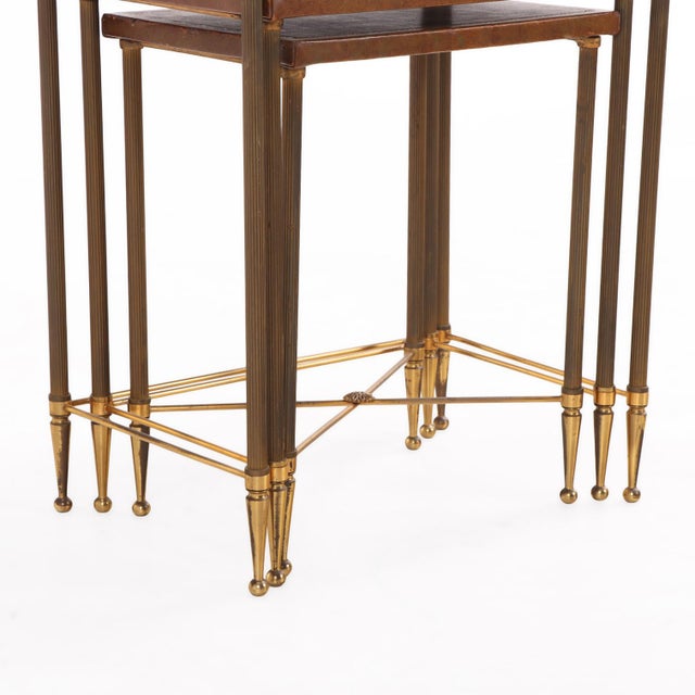 Set of 3 French Brass and Leather Nesting Tables in the Manner of Maison Jansen, C. 1960 For Sale In Philadelphia - Image 6 of 6