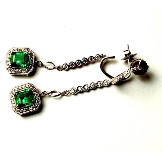Emerald Shaped Emeralds Halo Diamond 3.50 Carat Lariat 14 Karat White Gold Earrings - 2 Pieces For Sale - Image 12 of 12