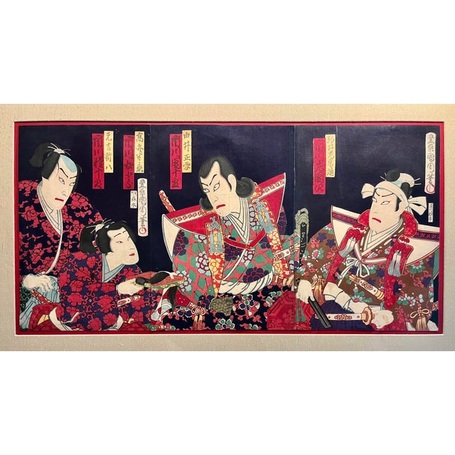 19th-Century Japanese Ukiyo-e Woodblock Print Triptych — Toyohara Kunichika Offered for sale is an authentic 19th-century...