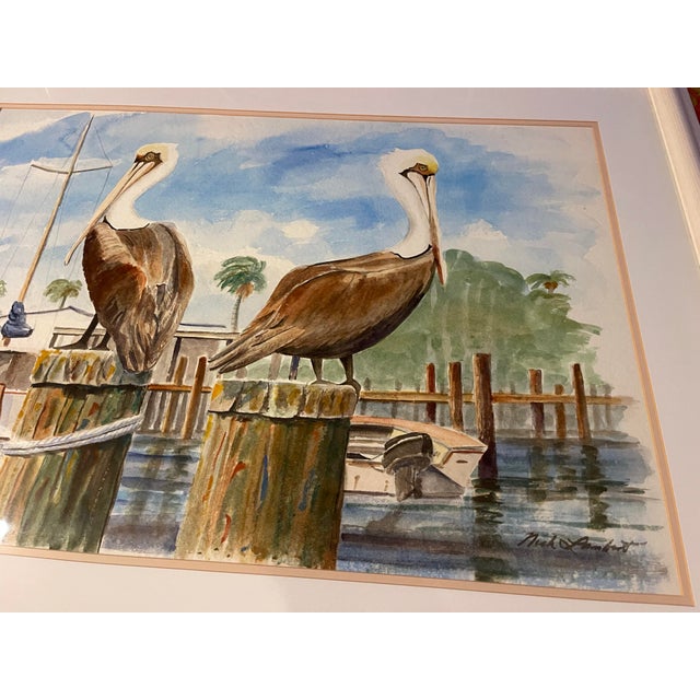 Late 20th Century Late 20th Century Large Coastal Pelican Watercolor Painting, Framed, 41 X 32 For Sale - Image 5 of 9