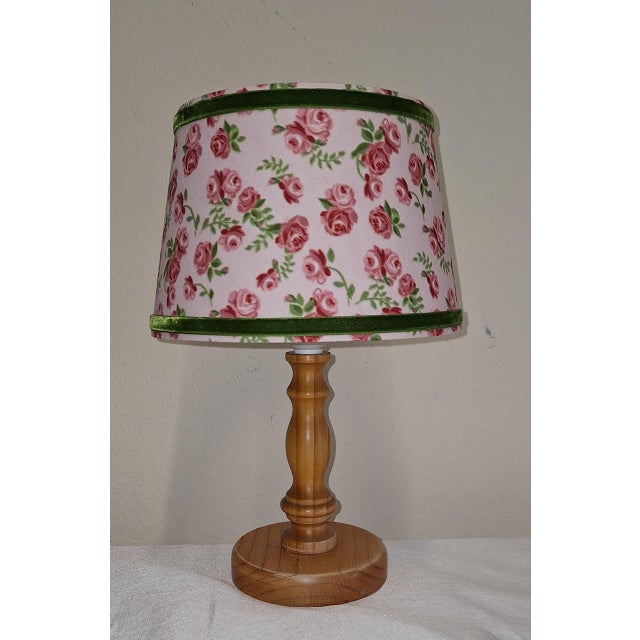Vintage Table Lamp with Turned Spruce Wood Base and Fabric Shade, 1970s, in Very Good conditions. Designed 1970 to 1979...