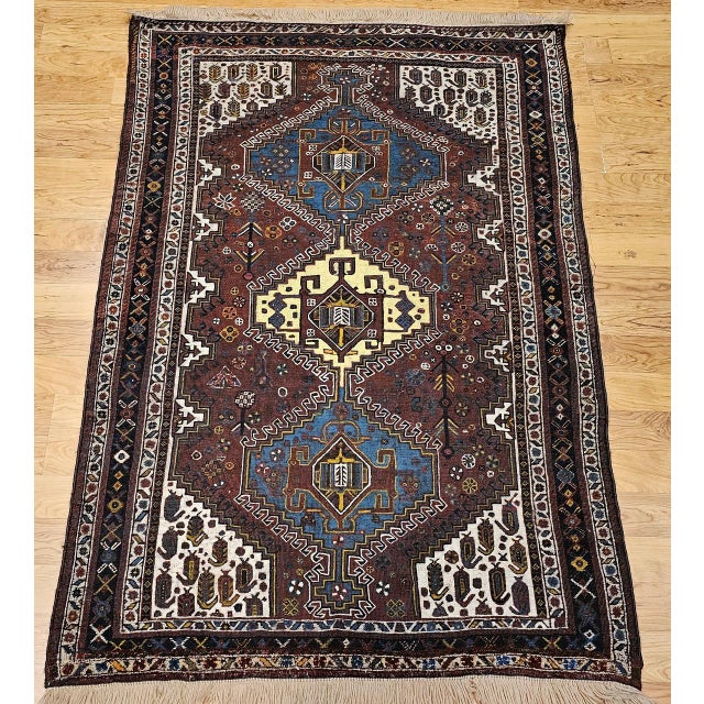 Red Vintage Qashqai Tribal Area Rug, Hand-Knotted Wool, Geometric Medallions, 4x6, Rust & Navy For Sale - Image 8 of 16