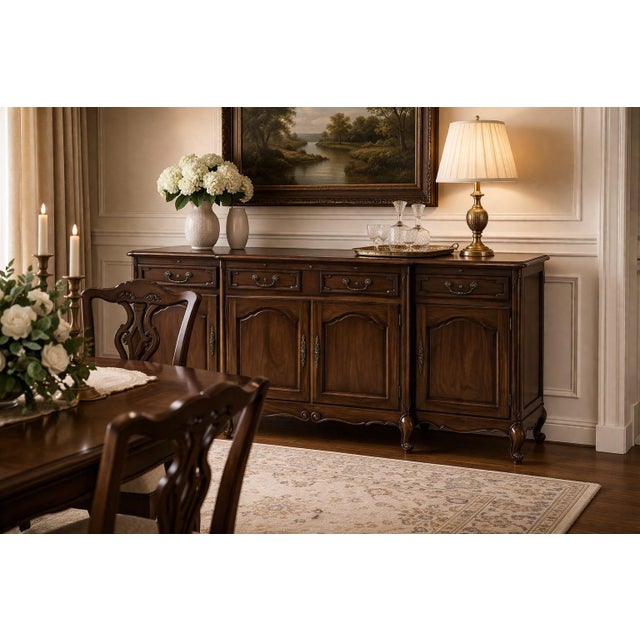 Early 20th Century French Provincial Walnut Sideboard Buffet With Pull-Out Serving Slide — Carved Cabriole Legs, Original Key For Sale - Image 9 of 11