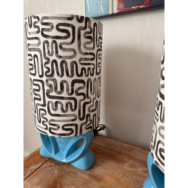 Turquoise 1960s Pair of MCM Turquoise Lamps With Fabric Shades For Sale - Image 8 of 8
