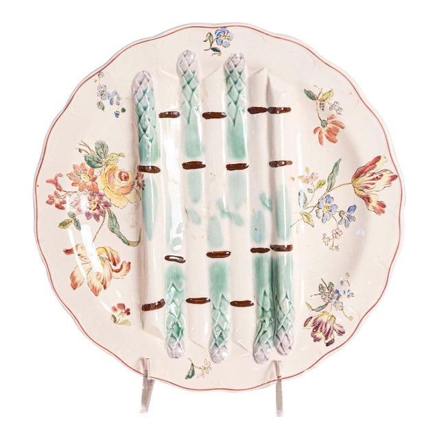 French Longchamp Pompadour Pattern Majolica Asparagus and Flower Plates For Sale