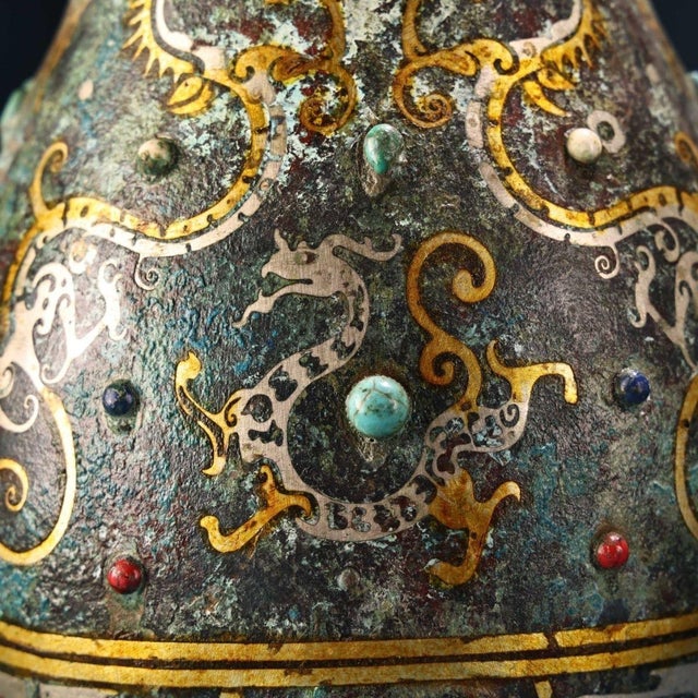 Antique Chinese Bronze Vase With Gold & Silver Inlay, Gemstones & Chain Handle For Sale In Los Angeles - Image 6 of 10