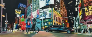 New York City Panoramic Street Scene With Limousine and Neon Lights in the Rain