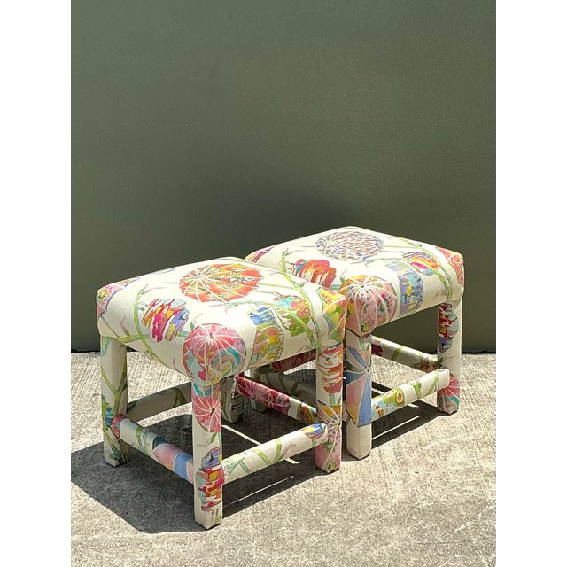 Late 20th Century Vintage Printed Paper Napkin Low Stools - A Pair For Sale - Image 5 of 12