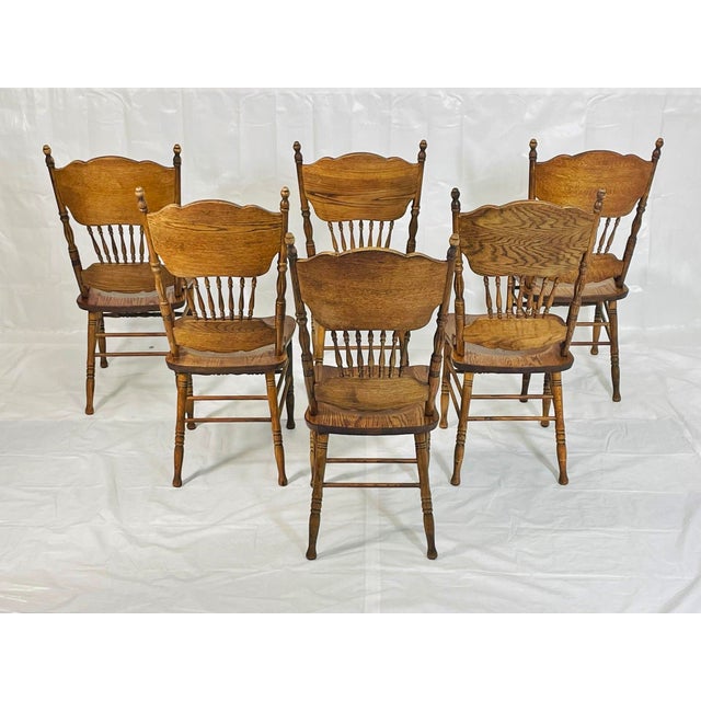 1970s Oak Farmhouse Dining Chairs Set of 6, Carved Peacock Backs, Ronnoco 1978 For Sale - Image 5 of 18