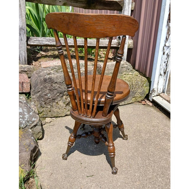1890s Antique Quarter Sawn Oak High Back Organ Stool With Claw Feet For Sale - Image 10 of 17