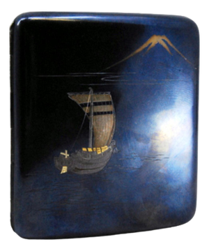 Nickel Plated Silver Cigarette Case with Japanese Motifs
