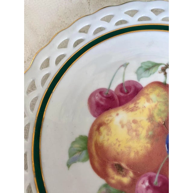 French Country Vintage Winterling - Bavaria 82 Fruit Center Salad Plate - Pear & Plum, Pierced Edge, Green Band, Gold Rim For Sale - Image 3 of 7