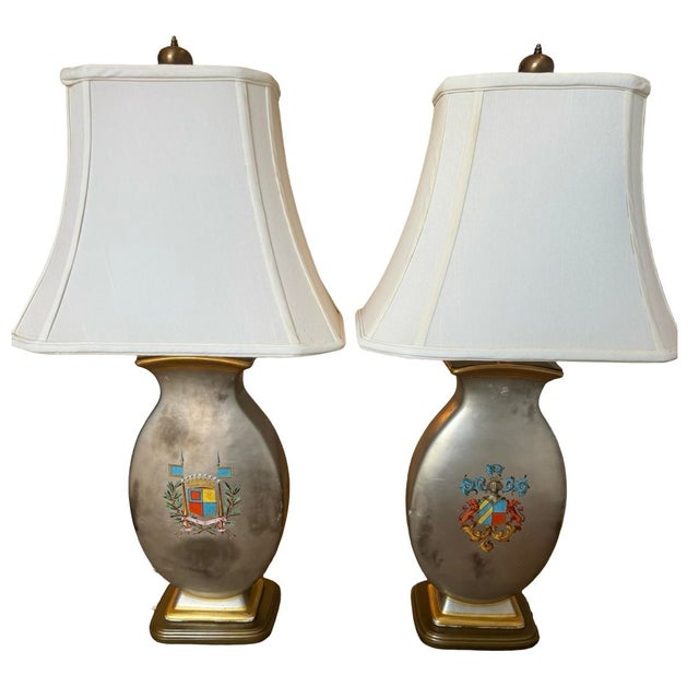 Pair of Vintage Italian Hand-Painted Renaissance Style Table Lamps With Heraldic Motifs For Sale - Image 4 of 16