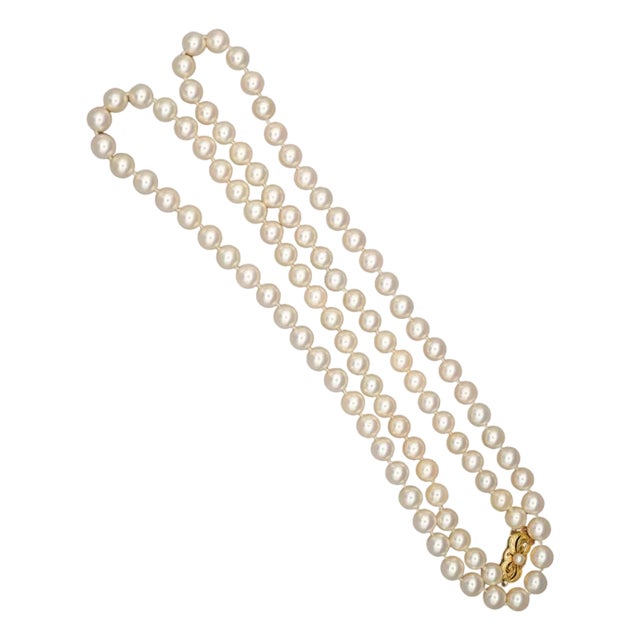 1990s Mikimoto Signed 33-Inch Akoya Pearl 18k Gold Bead Necklace For Sale