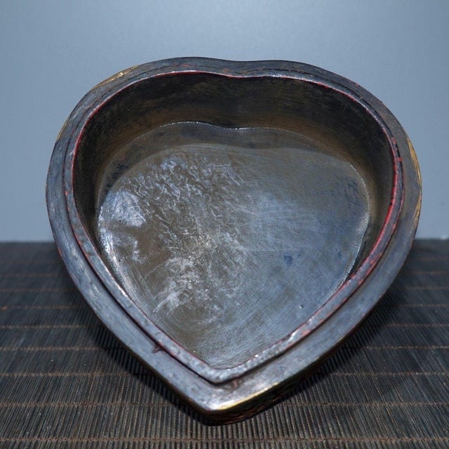 Paint Vintage Chinese Carved Lacquer Heart Shaped Jewelry Box With Dragon Phoenix & Peony Relief For Sale - Image 7 of 9