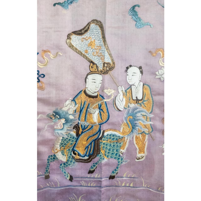 19th Century Chinese Fine Silk Embroidered Panel With Figures on Purple Ground For Sale - Image 12 of 16