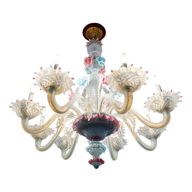 1977 Vetreria Artistica Stefano Murano 36” Pastel Opalescent Floral Chandelier For Sale