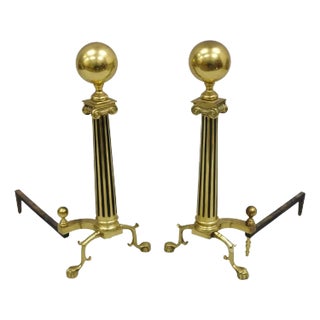 Vintage French Empire Style Brass Cannonball Column Form Branch Foot Andirons - a Pair For Sale