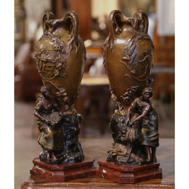 Decorate a mantel, console, or buffet with this richly detailed pair of antique figural vases by French sculptor Hippolyte...