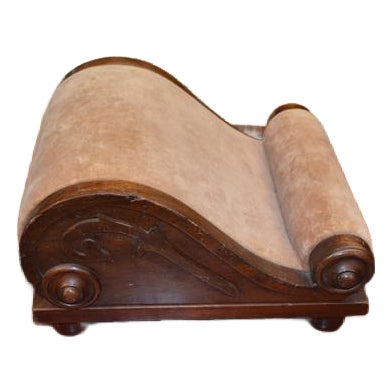 Antique Victorian Dark Wood & Tan Velvet Shapely Scrolled Gout Footstool For Sale