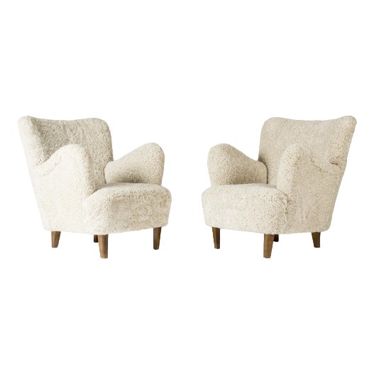 Set of Swedish Modern Sheepskin Lounge Chairs, 1940s For Sale