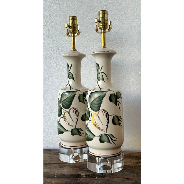 Vintage Glazed Ceramic Ivy Lamps - A Pair For Sale - Image 11 of 12