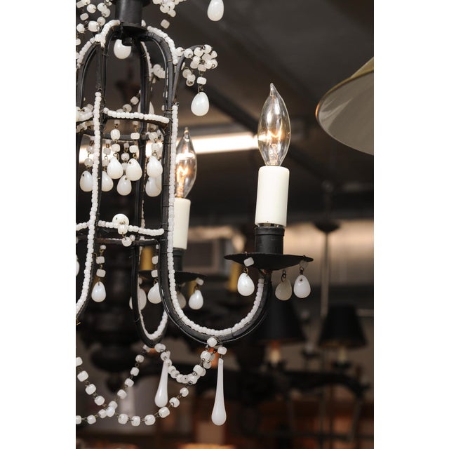 1940s Petite 4-Light Iron & Opaline Glass Beaded Chandelier, 1940s Italy For Sale - Image 5 of 14